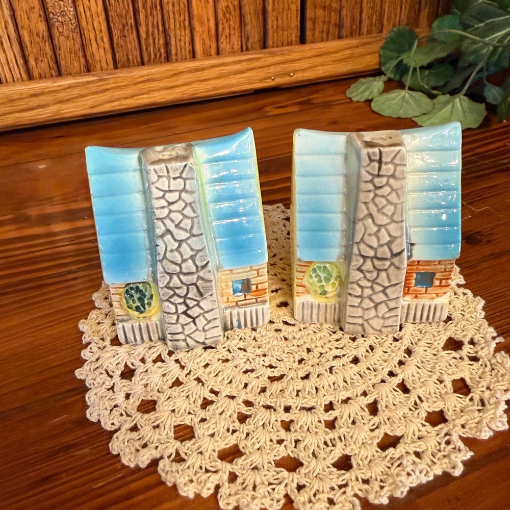 Vintage Cottage Salt Pepper Shakers God Bless Our Mortgaged Home Japan Blue Yell